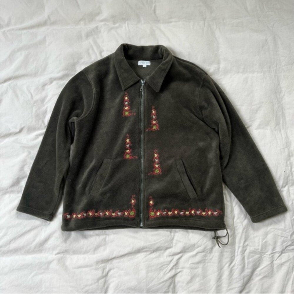 Vintage Cottage‎ Cove Embroidered Green Zip-Up Fleece